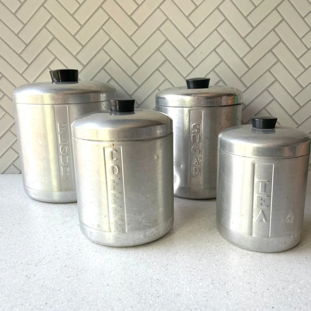 1950s Vintage Spun Aluminum Kitchen Canister Set of 4 Nesting Art Deco MCM